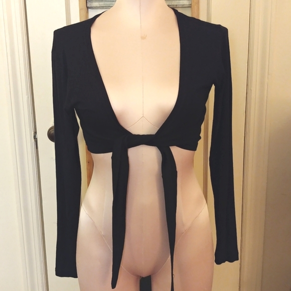 Black Wrap Tie Front Top Vintage Midriff Formal Jacket Cover Lightweight - Picture 5 of 5